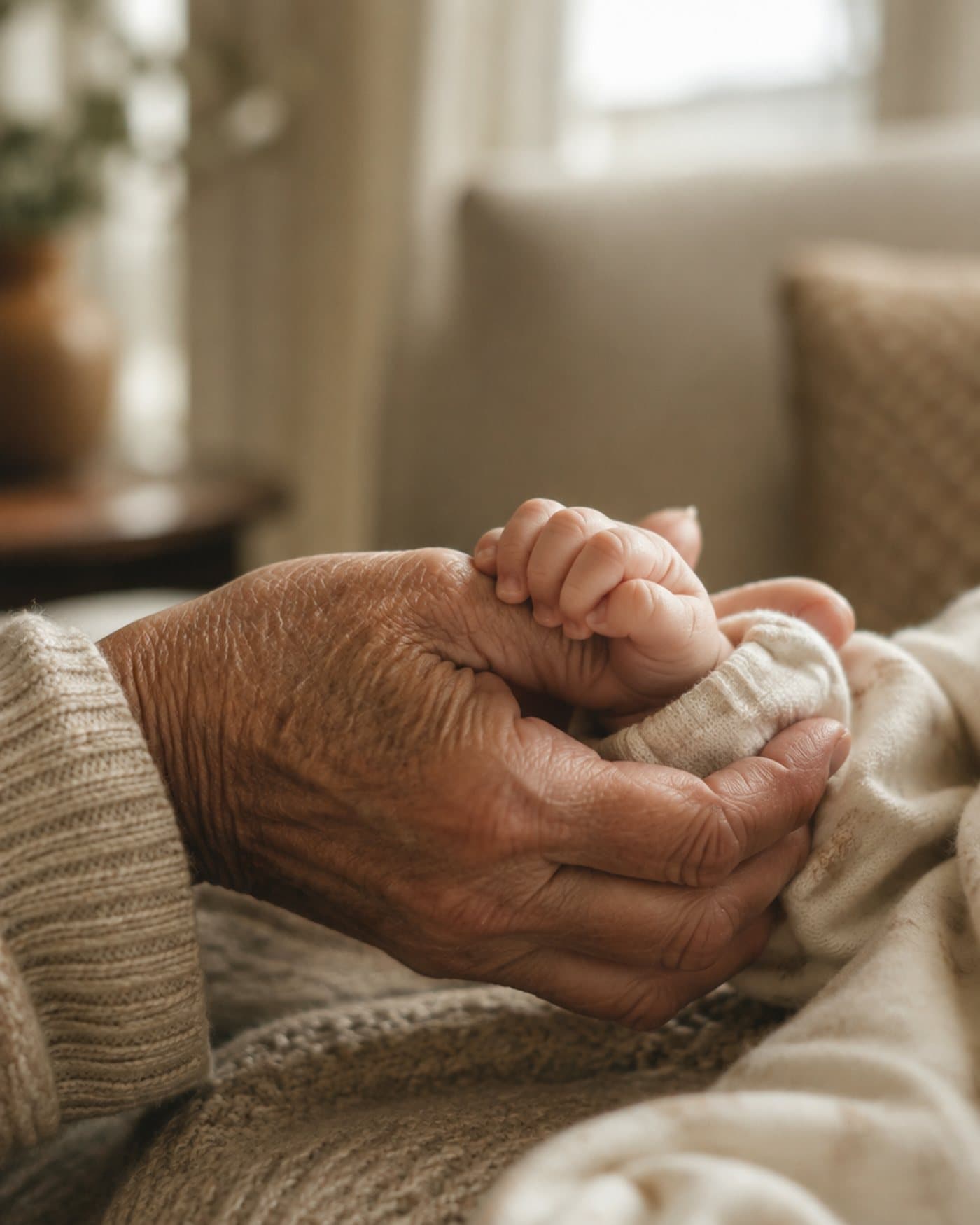 A grandmother holding a newborn's hand